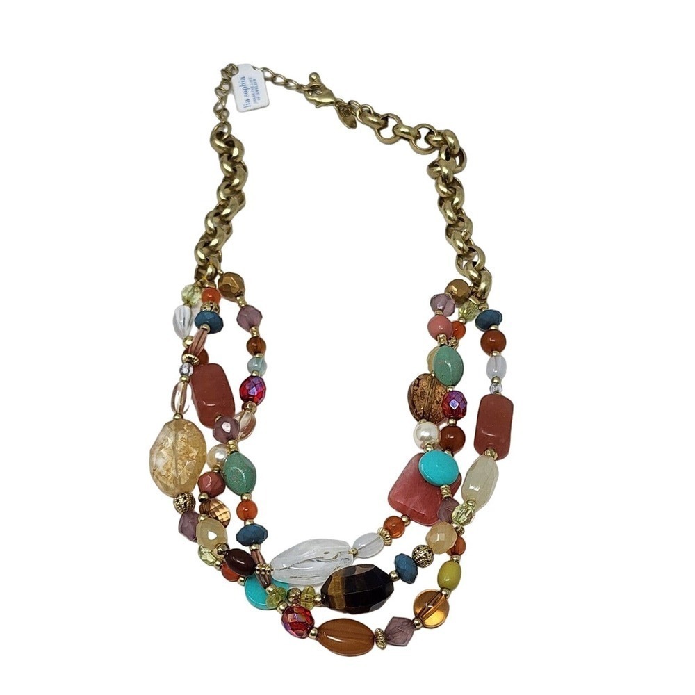 Lia Sophia Tigers Eye, Quartz, Resin Beads Strand Necklace Antique Gold (18-21")